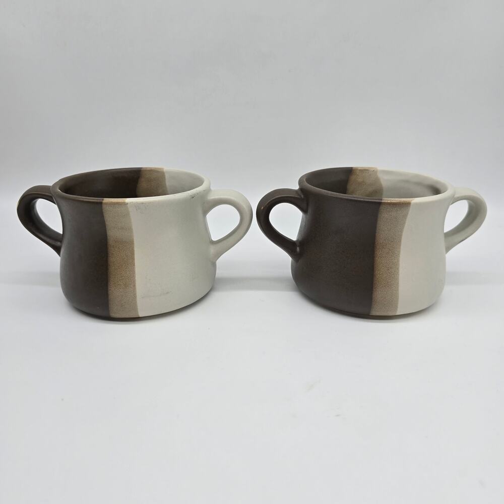 Vintage McCoy Striped Sandstone Double Handled Soup Mugs Set of 2 Multicolor USA